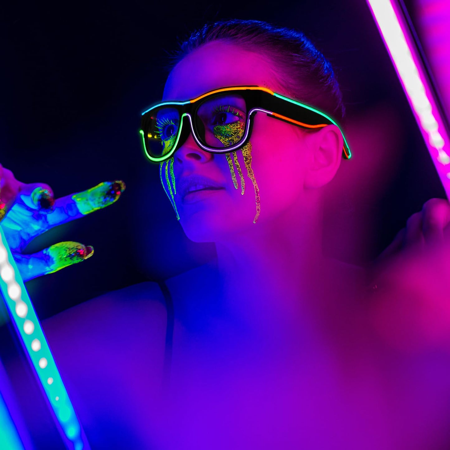 XGOOD LED Glasses Multi-Color (8 Colors) Light Up Glasses w/o Cable Neon Glow Glasses for KTV, EDM, Rave Parties and Cosplay (Black Frame & Lens)