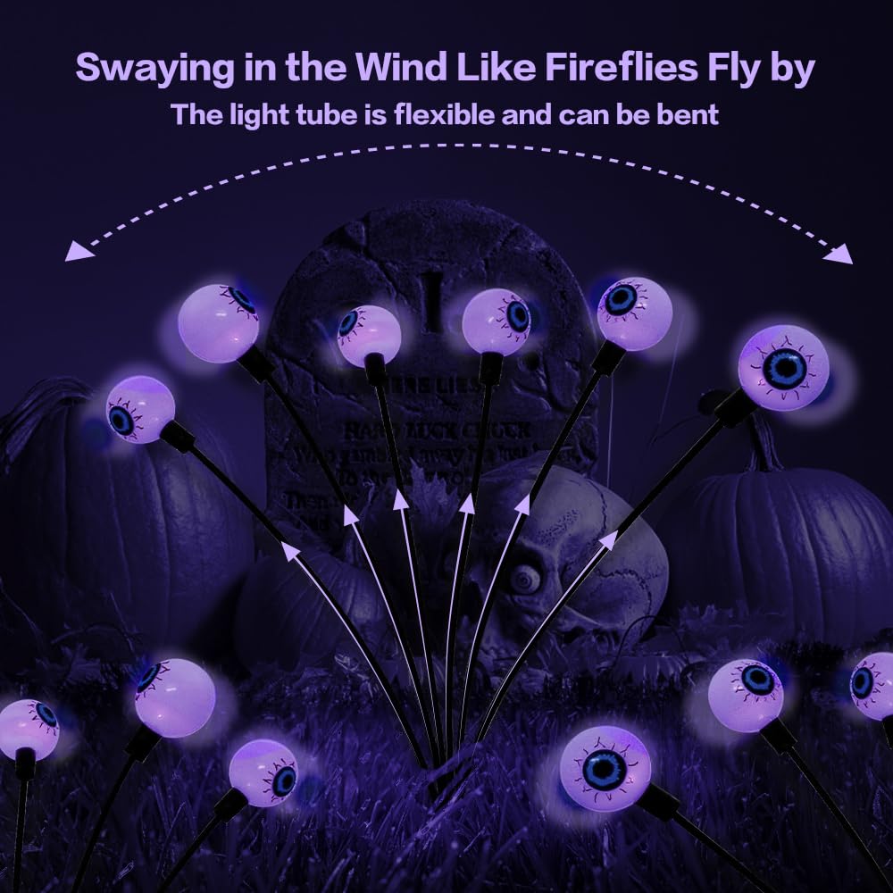 2PACK Scary Eyeballs Solar Garden Light Halloween Decorations Outdoor,Swaying Firefly with 12LED Purple Spooky Eyes Lights-Waterproof Ornaments Solar Halloween Lights for Lawn, Patio, Party Decor