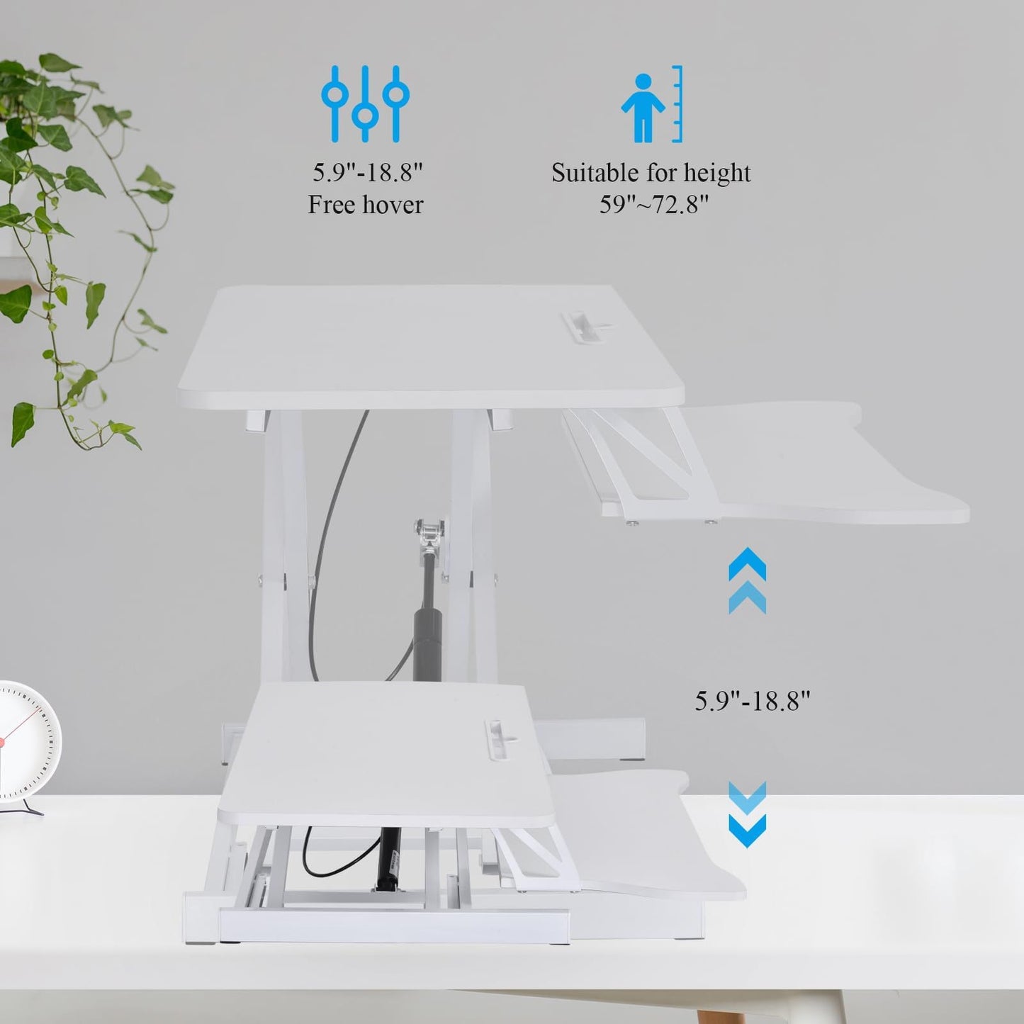 37 Inch Standing Desk Converter - Manual Pneumatic Spring, Two Monitor Stable Standing Desk Converter, 5.9” to 18.8” Height Adjustable Laptop Workstation with Keyboard Tray for Home, Company(White)