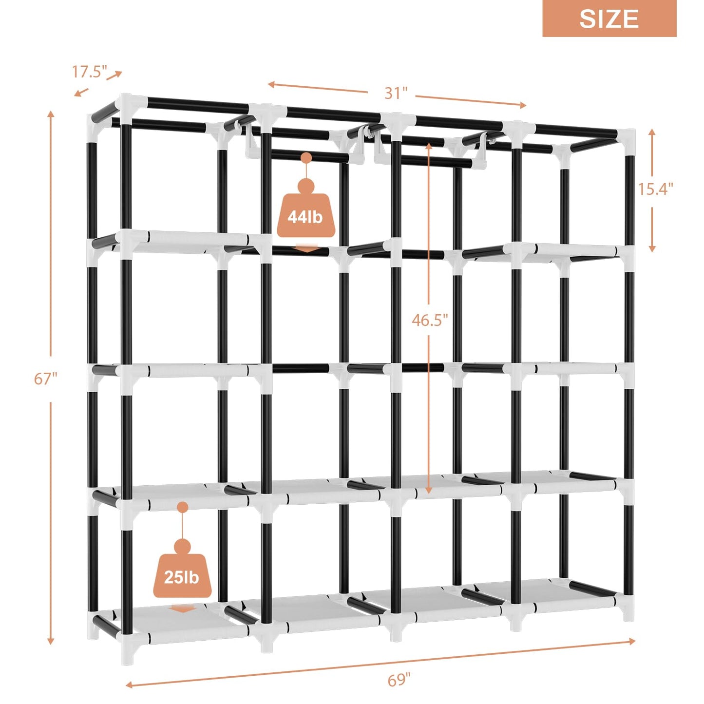 VTRIN Portable Closet, 69 Inch Wide Wardrobe Closet for Hanging Clothes, 19mm Metal Pipe,Sturdy Clothes Rack with Cover, 2 Hanging Rod,12 Shelves, 6 Pocket, Free Standing Closet for Bedroom