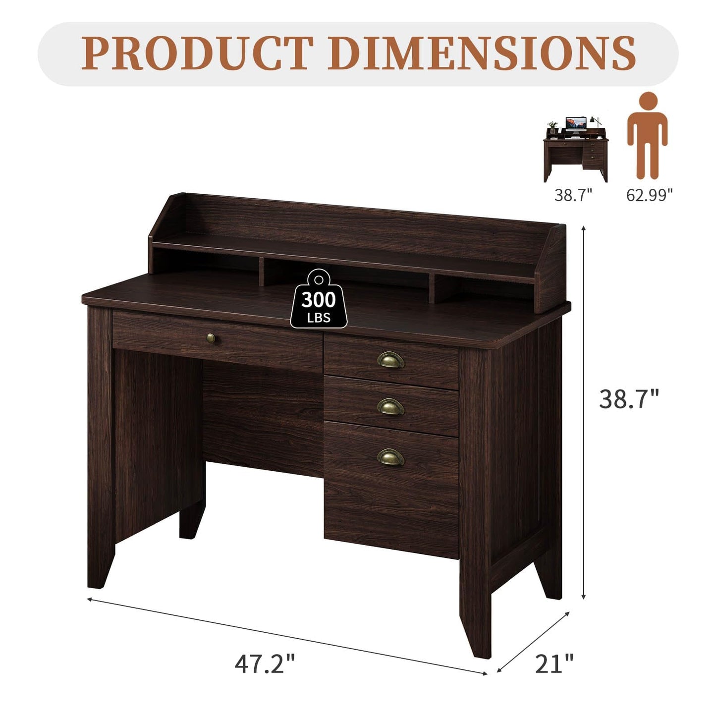 4 EVER WINNER Small Desk with Drawers, Wood Desk with Monitor Stand, Computer Desks with File Drawer, Small Spaces, Espresso
