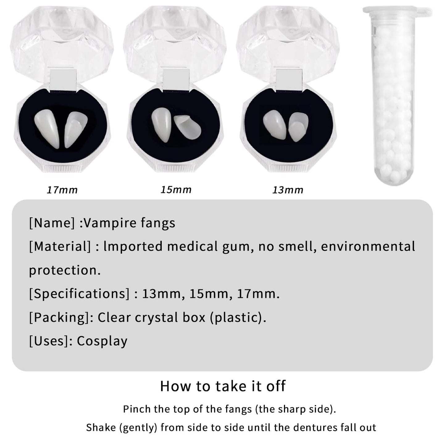 3 Pairs Halloween Vampire dentures and fangs - realistic vampire fangs dentures, 3 sizes with adhesive, 13mm, 15mm, and 17mm, Halloween role-playing props, party gifts, makeup ball accessories gifts