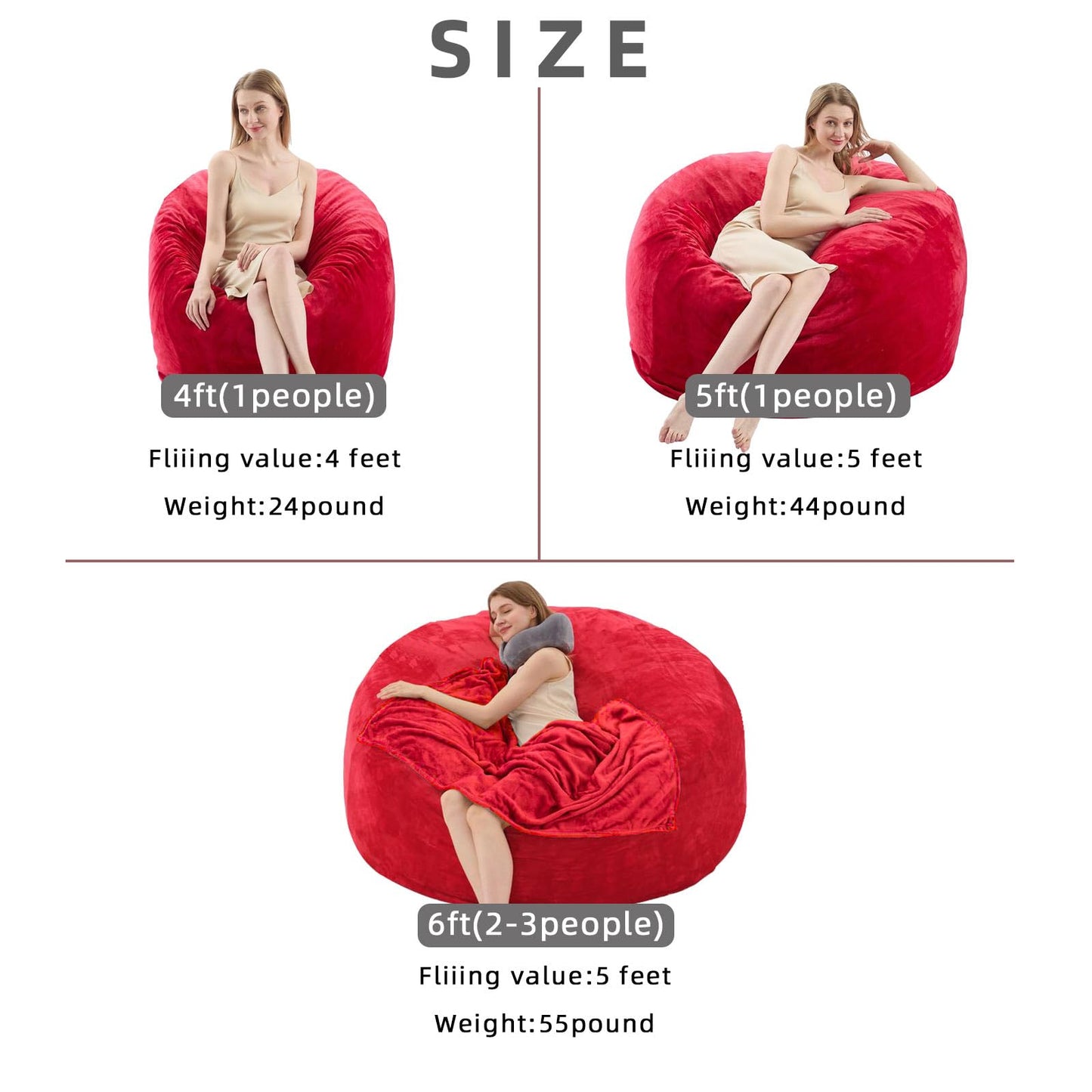 4FT Bean Bag Chairs for Adults,Bean Bag with Filler Included,Memory Foam Chair,with Flannel Cover, Detachable and Washable, Suitable for Lounge Chairs in bedrooms Dormitories (Red, 4FT)