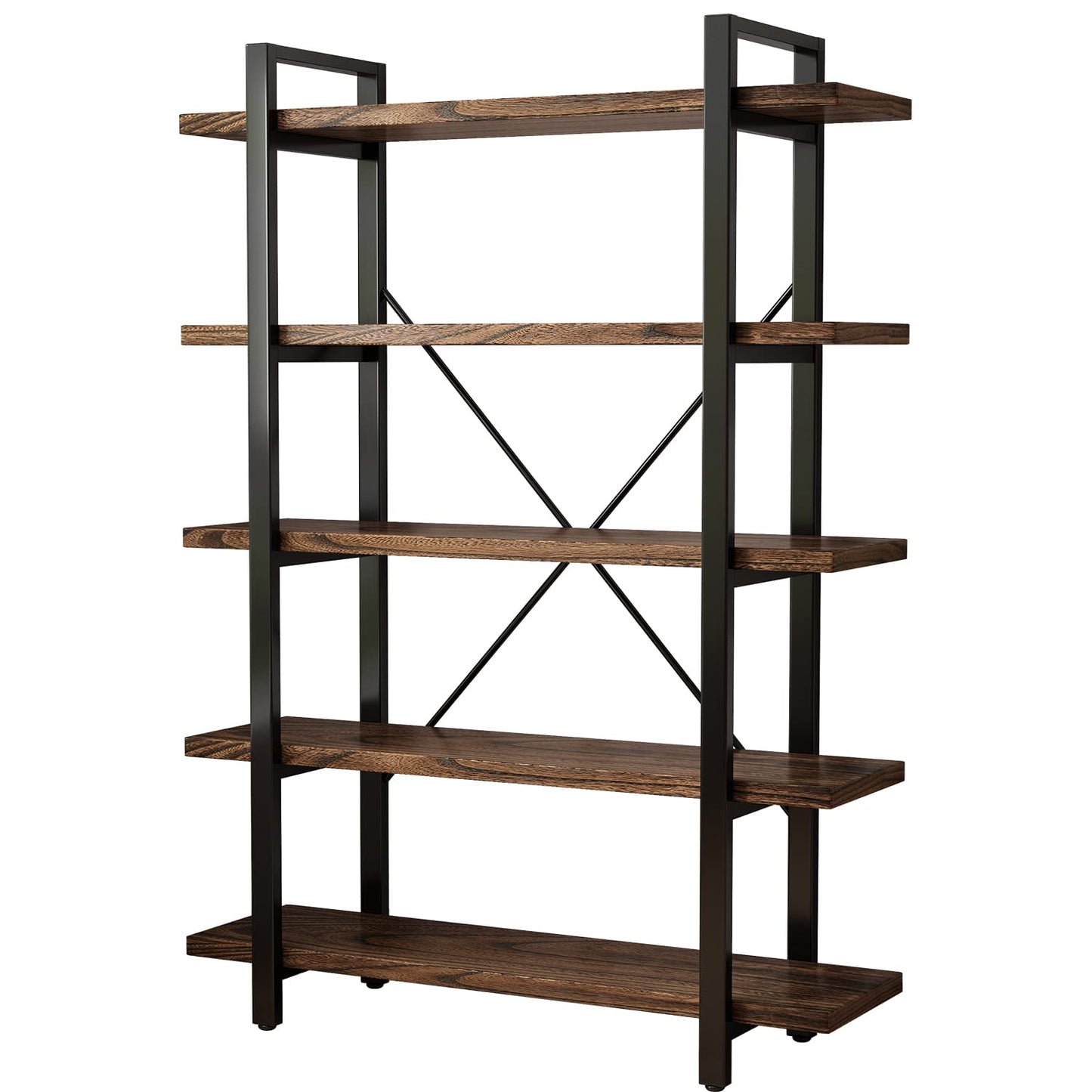 5-Tier Industrial Style Solid Wood Bookcase and Book Shelves,Rustic Wood and Metal Shelving Unit, Living Room,Modern Rustic Open Industrial Book Shelf Office,Distressed Brown (AY-02-5Tier)