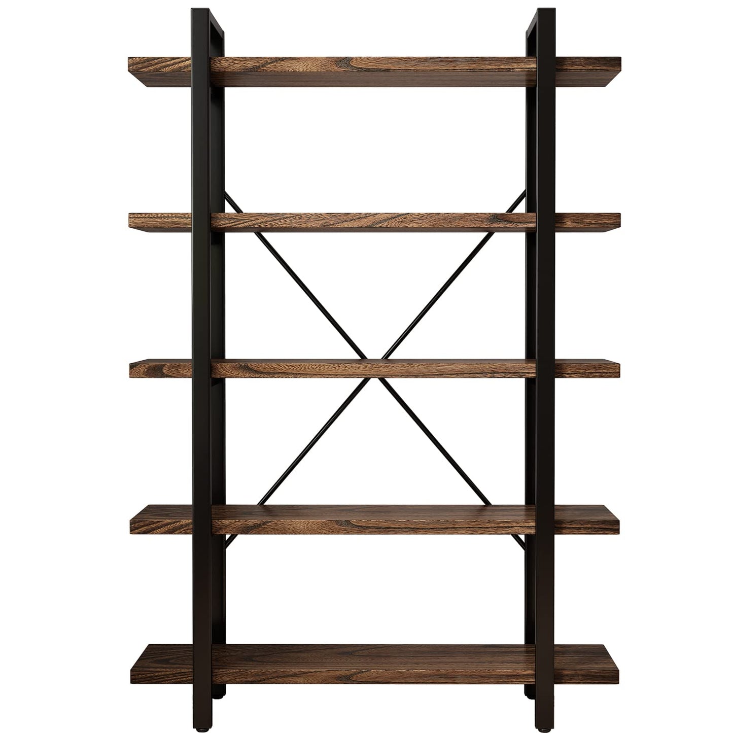 5-Tier Industrial Style Solid Wood Bookcase and Book Shelves,Rustic Wood and Metal Shelving Unit, Living Room,Modern Rustic Open Industrial Book Shelf Office,Distressed Brown (AY-02-5Tier)