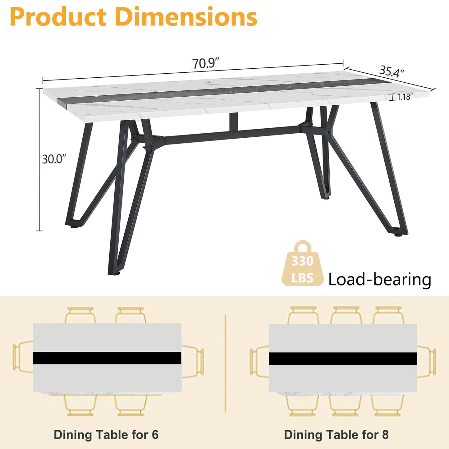 71 Inch Dining Table for 4 6 8, Modern Rectangular Wood Kitchen Table, Marble Grain Dining Room Table for 8 People, 6ft Large Dinner Tables with Adjustable Legs,Home Kitchen Furniture