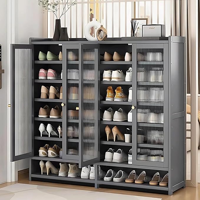 8-Tier Shoe Cabinet with Doors, Shoe Storage Cabinet for Entryway, Bamboo Shoe Organizer Storage for 36-40 Pairs, Modern Freestanding Shoe Rack for Hallway, Living Room