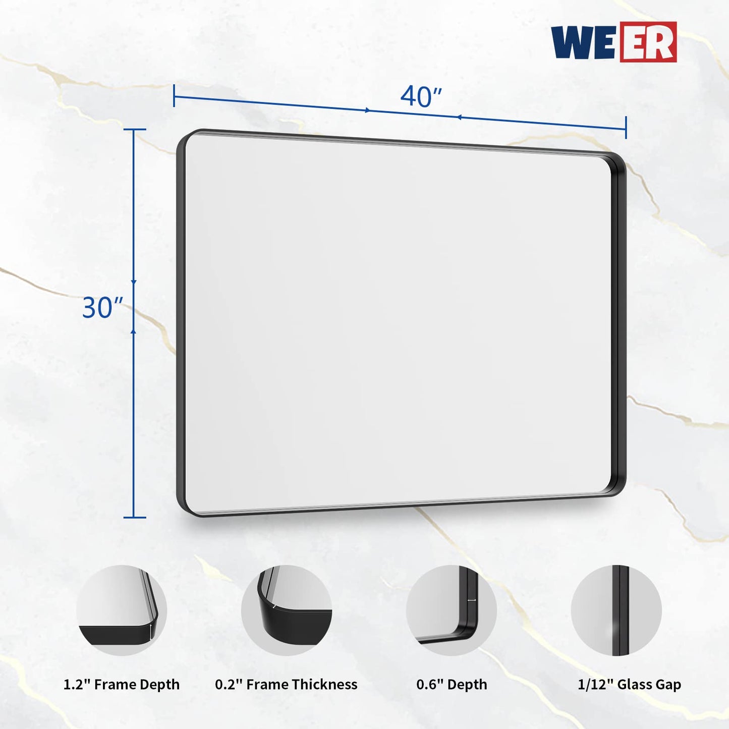 WEER Black Bathroom Mirror for Wall 40X30 Inch, Rectangular Black Metal Framed Vanity Mirror, Farmhouse Bathroom Mirror with Tempered Glass, Rounded Corner, Anti-Rust (Horizontal/Vertical)