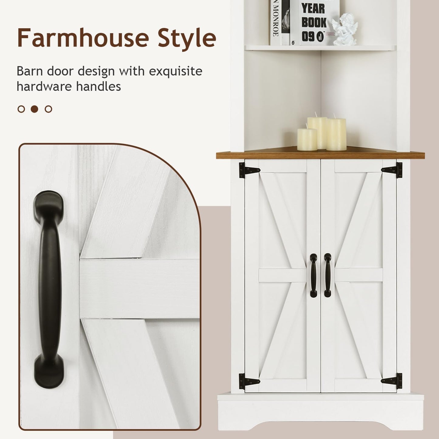 4 EVER WINNER Tall Corner Cabinet with Barn Door and Adjustable Shelves, 5-Tier Corner Shelves for Small Space, Living Room, Hallway, Bathroom, White