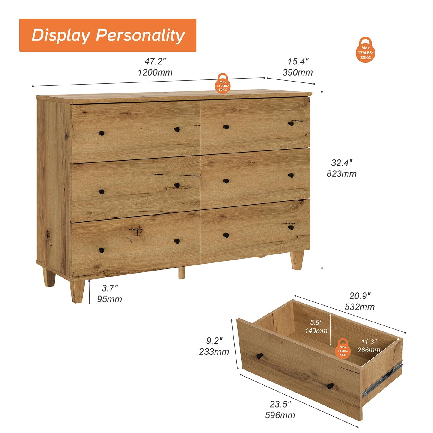 WAMPAT Dresser with 6 Drawers for Bedroom, Wooden Kids Dressers with Wide Chest of Drawers, Modern Closet Storage Organizer Furniture with Solid Wood Legs for Living Room, Hallway, Nursery, Oak Brown