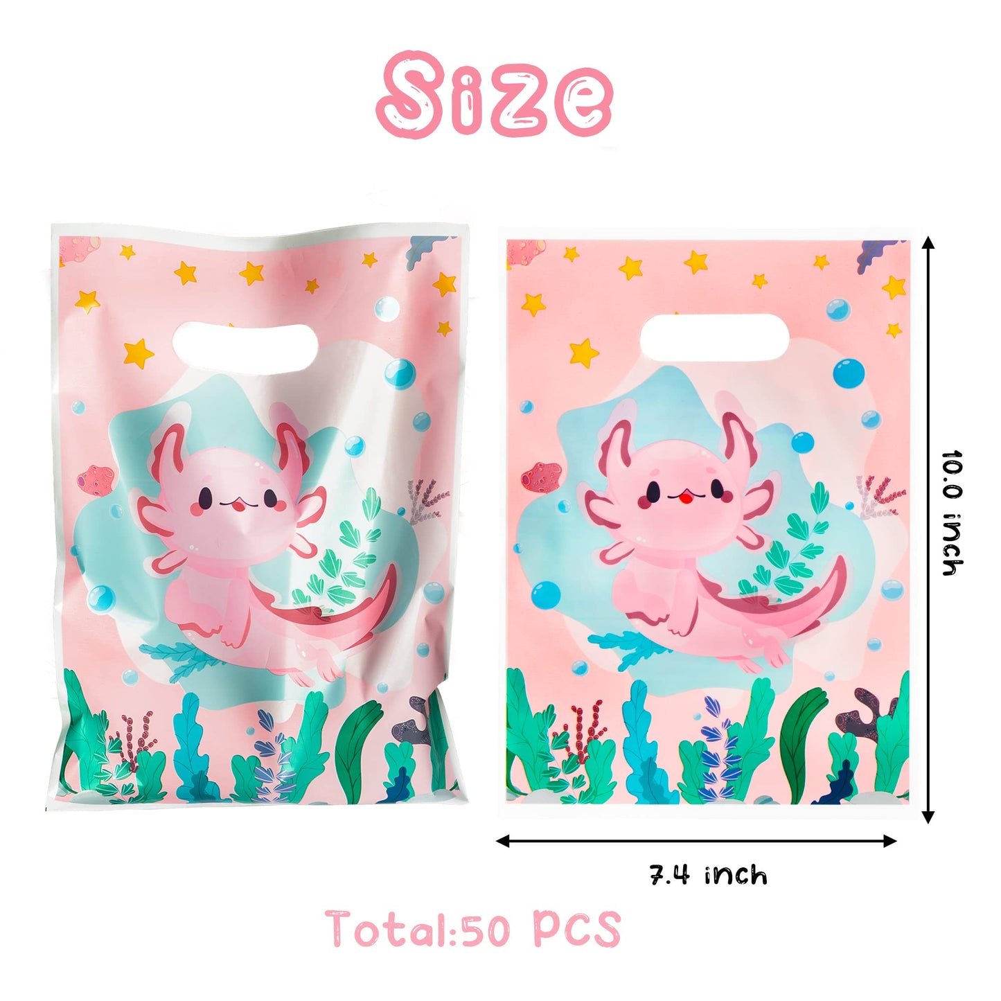 3sscha 50Pcs Axolotl Party Favor Bags Amphibian Themed Waterproof Goodie Bag with Die Cut Handles Reptile Animals Water Plants Plastic Candy Gift Pack for Baby Girl Birthday Baby Shower Decors Supplies