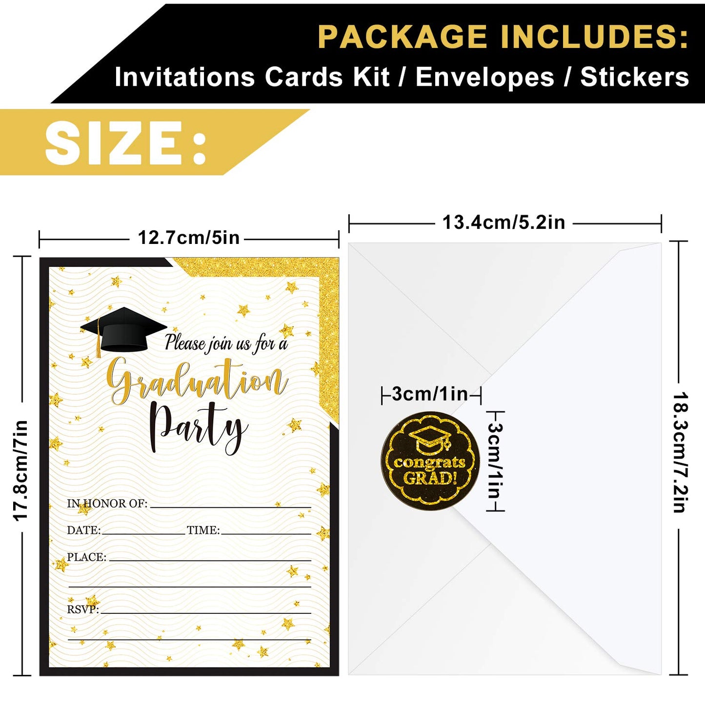 Whaline 35 Set Graduation Party Invitations with Envelopes and Grad Stickers Graduation Announcements Black Gold Invite Cards for College High School University Grad Celebration Party