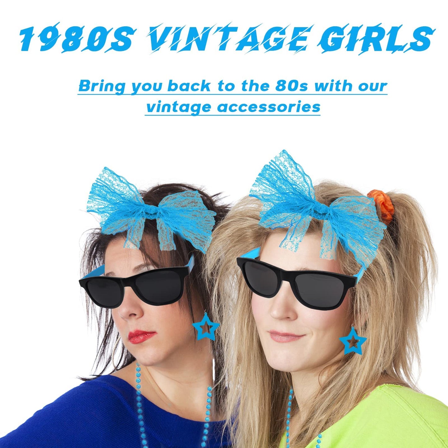 80s Fancy Dress Costumes Accessories, 1980s Fancy Style Dresses Party Sets & Kits for Women, Neon Leg Warmers Necklaces Bracelet Fishnet Gloves Lace Bow Headband Earrings Sunglasses-Blue