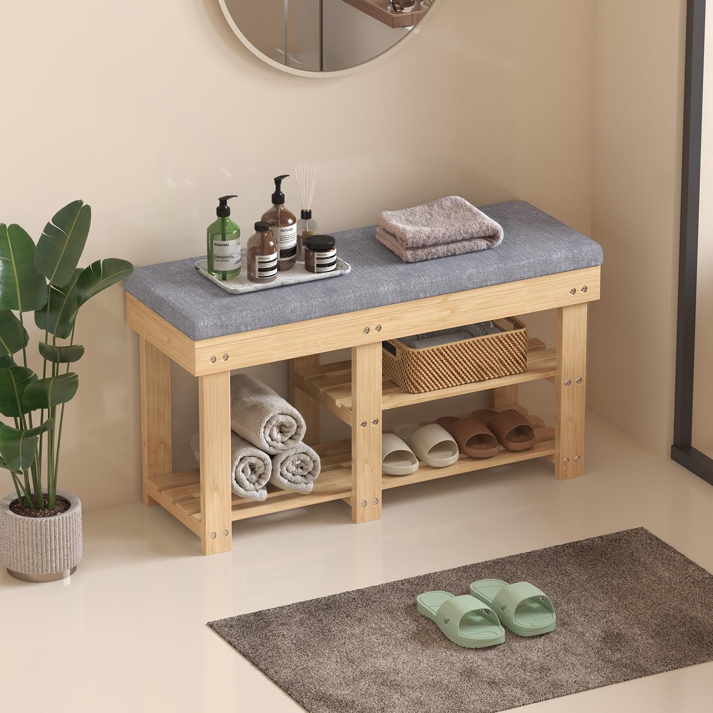 Xdwwhome Bamboo Shoe Bench, 2 Tier Storage Benches with Seat, Shoe Shelf with Cushion, Modern Entryway Bench for Living Room Bedroom Hallway Bathroom Garden, Capacity 330 lbs, Natural