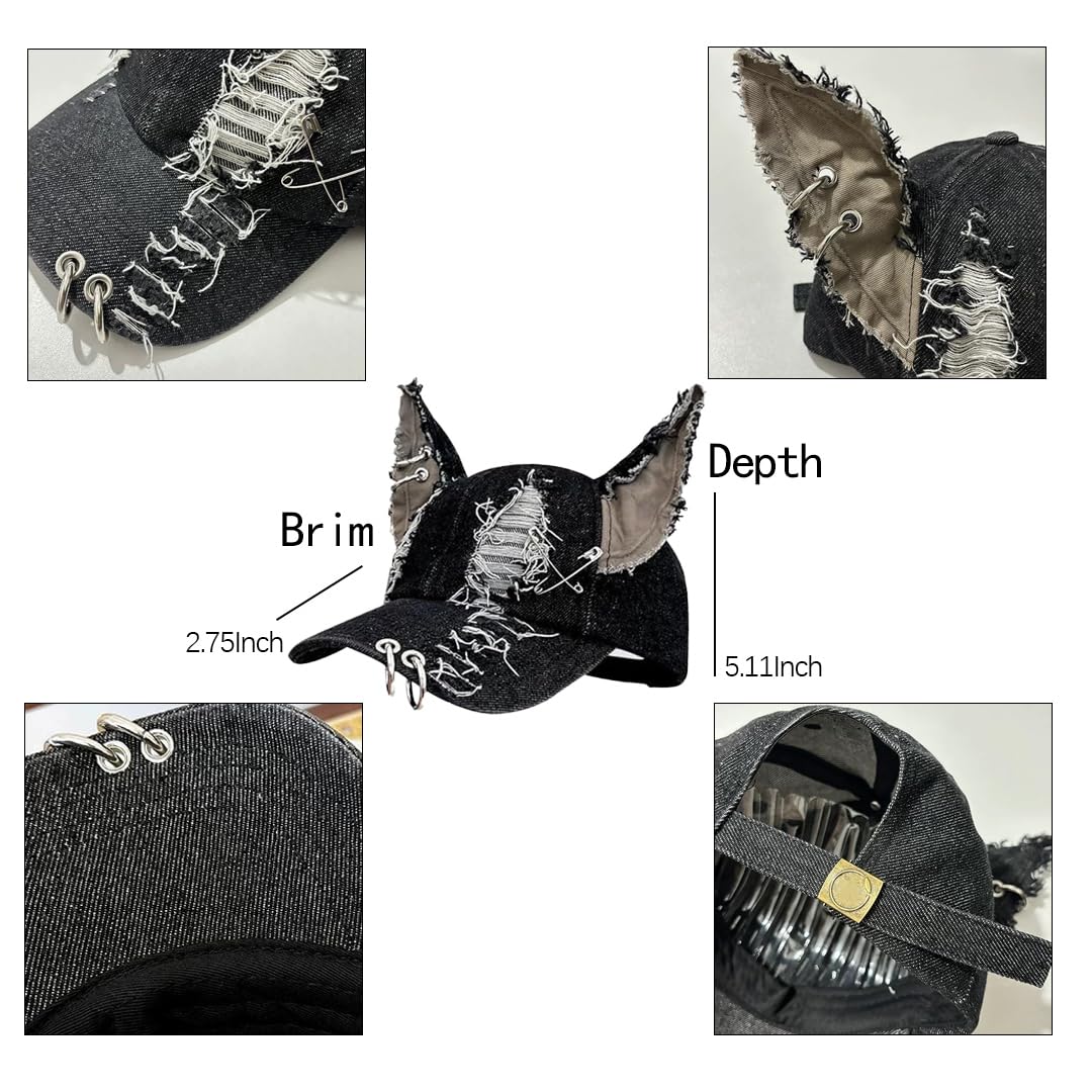 Y2k Iron Ring Trucker Hat Cat Ear Baseball Cap Women Caps Distressed Denim Baseball Cap Grunge Aesthetic Hat (Black)