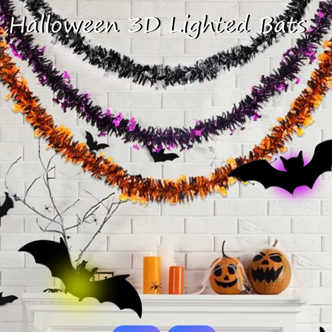 3D Bat Design LED Decoration, LED Halloween 3D Bat Decorative Wall Stickers, Light Up Bats Lighted Stickers Decor Light, Hanging Wall Luminous Glow Clings for Home Bar Halloween Party (LED-24PCS)