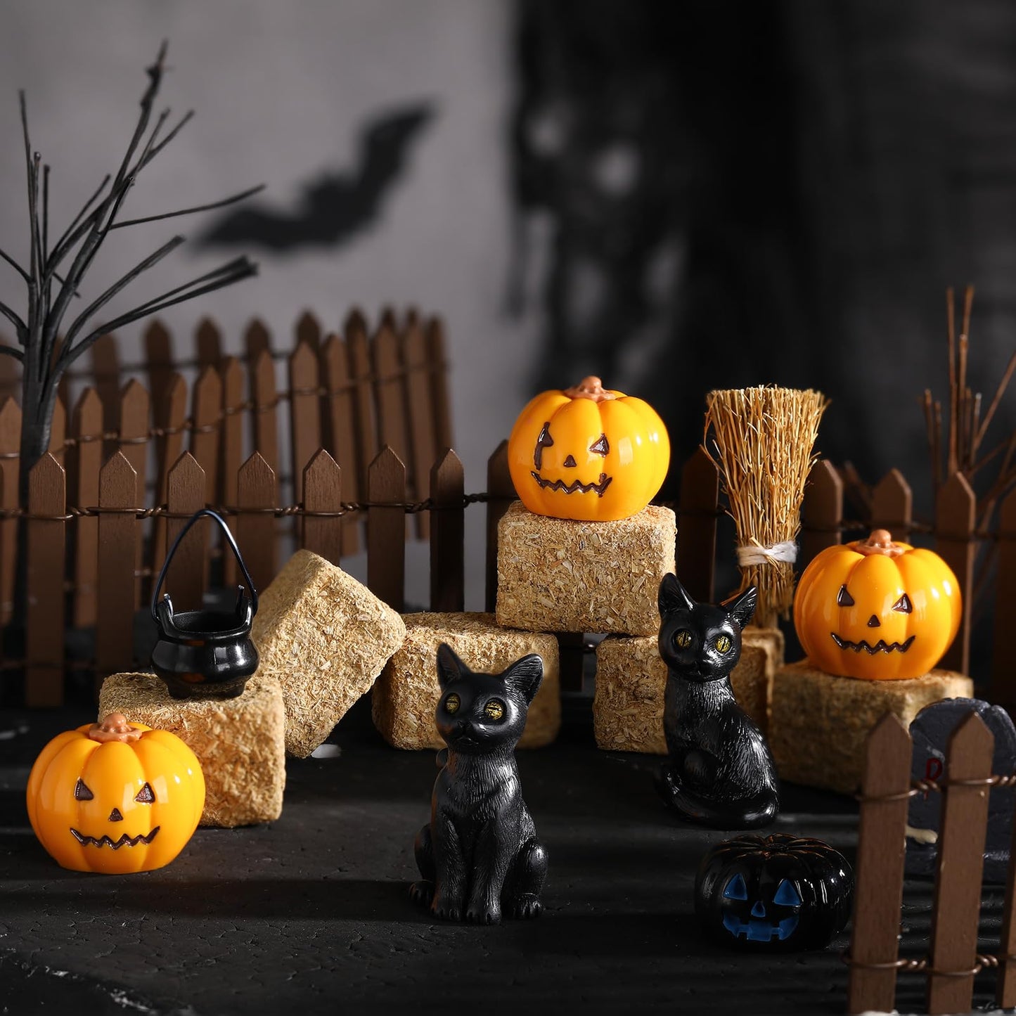 Wesiti 14 Pcs Halloween Village Accessories Set Halloween Miniature Figurines Included Pumpkins, Black Cat, Hay Bales, Witch Pot, Broom and Fence for Hallowmas Dollhouse Tabletop Party Decor