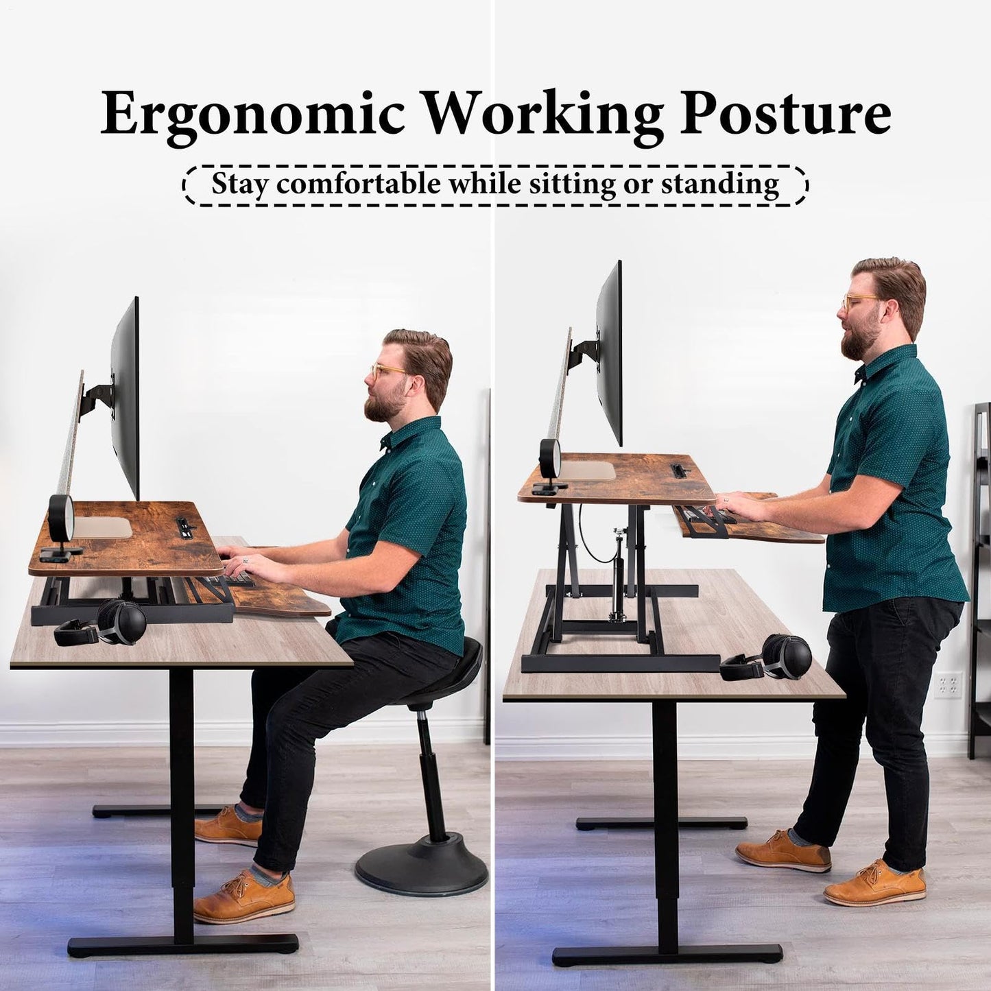 37 Inch Standing Desk Converter - Manual Pneumatic Spring, Two Monitor Stable Standing Desk Converter, 5.9"to18.8"Height Adjustable Laptop Workstation With Keyboard Tray For Home, Company(Tiger Brown)