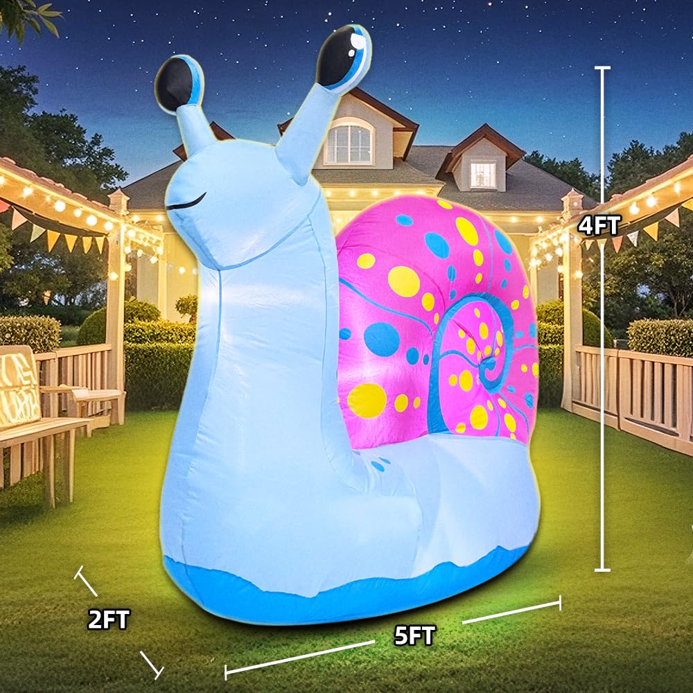5 FT Snail Inflatable Decoration, Spring Inflatable Blow Up Animal Decorations Built LED Lights for Outdoor Yard Farm Lawn Holiday Garden Birthday Party