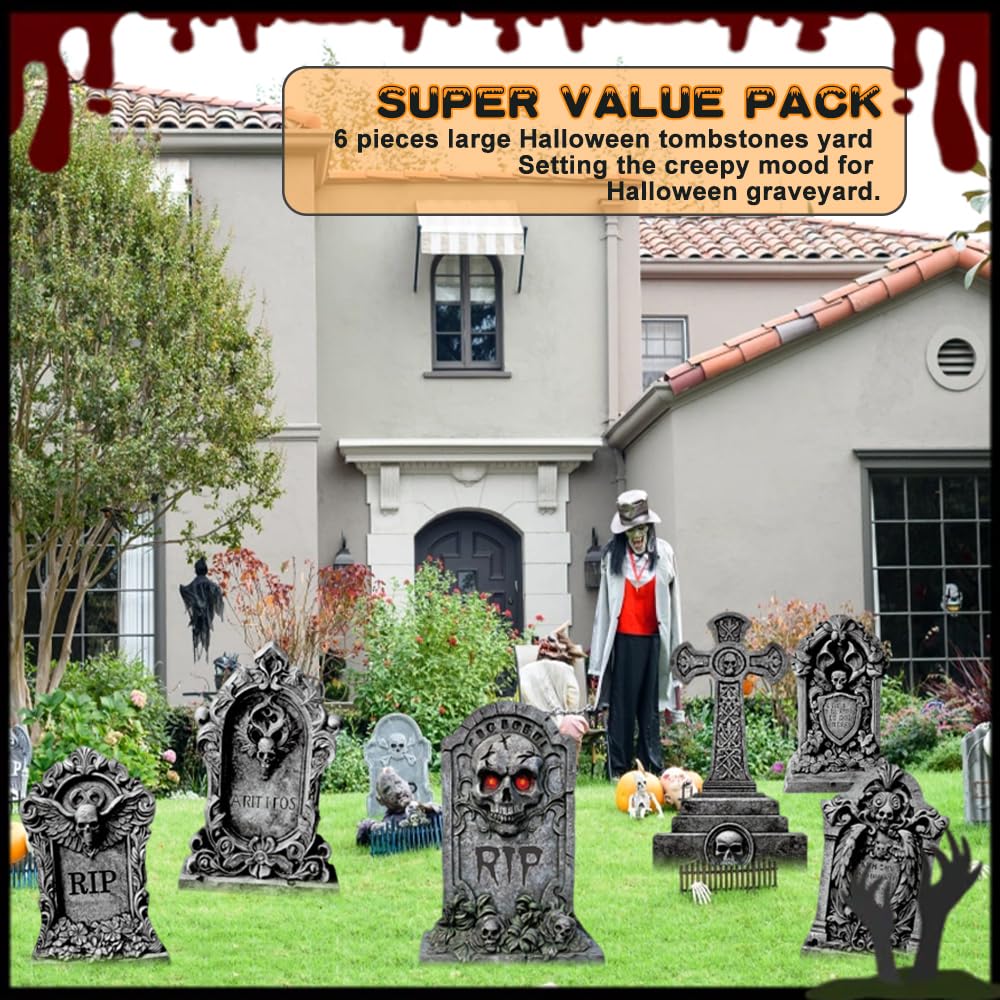 2025new Halloween Tombstone Decorations Outdoor - Set of 6 Glow in The Dark Spooky Graveyard Signs, Haunted House Party & Front Yard Decor, Durable Night-Activated Yard Decor