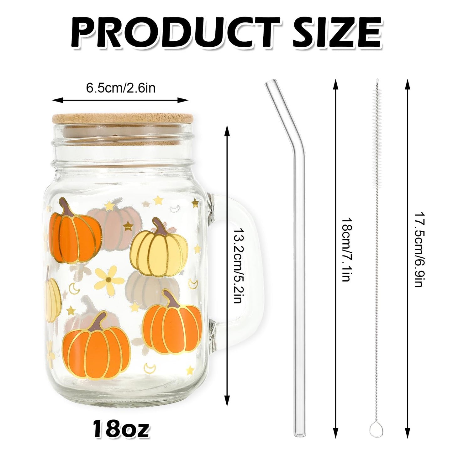 Whaline Fall Mason Jar Mug with Handle 18 oz Pumpkin Flower Star Mason Jar Drinking Glasses Orange Beige Pumpkin Ice Coffee Cups with Lid and Straw for Iced Coffee Tea Soda Cocktail Gifts