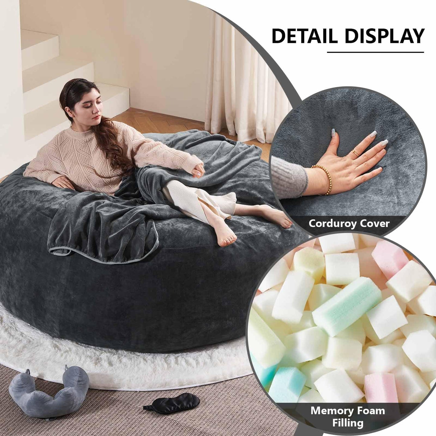 7FT,Oversized Bean Bag Chairs for Adults,Bean Bag Chair with Filler Included,Giant Bean Bag Chair Covered with Flannel Cover, Living Room Furniture, Suitable for Bedroom and Dormitory. (Dark Gray)