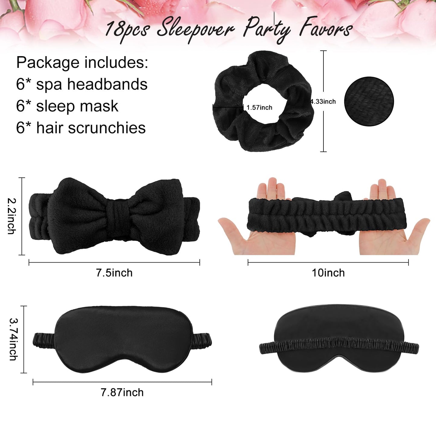 WHAVEL 18 Pcs Sleepover Party Supplies for Girls - Sleepover Party Favors Include 6 Spa Headband, 6 Silk Eye Mask and 6 Velvet Scrunchies for Spa Birthday, Bachelorette, Slumber (Black)