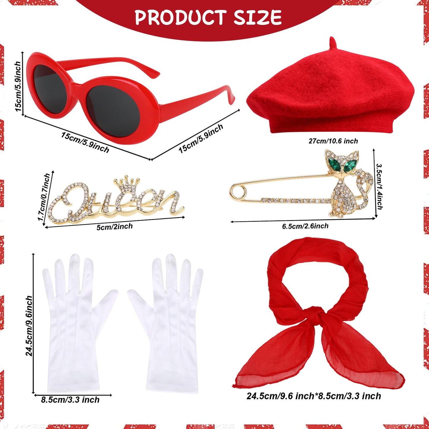 XEPST 6PCS French Women set - 50s Fancy Dress for Women with French Beret Sunglasses Scarf Gloves French Artist Mime Kit for Women Girls Halloween Costumes Cosplay Carnival Fancy Dress Up, Red, MT214