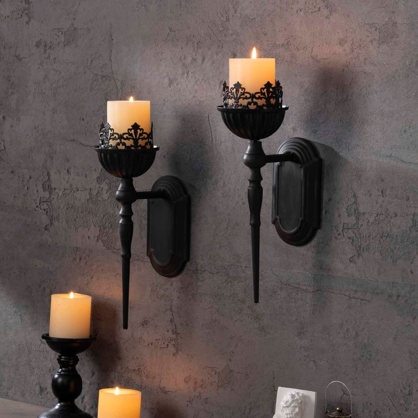 Wall Sconce Candle Holder (Set of 2) Black Crown and Scepter Design Wall-Mount Metal Candle Holders Hanging Iron Wall Candle Sconce Holder for Living Room, Bathroom, Dining Room