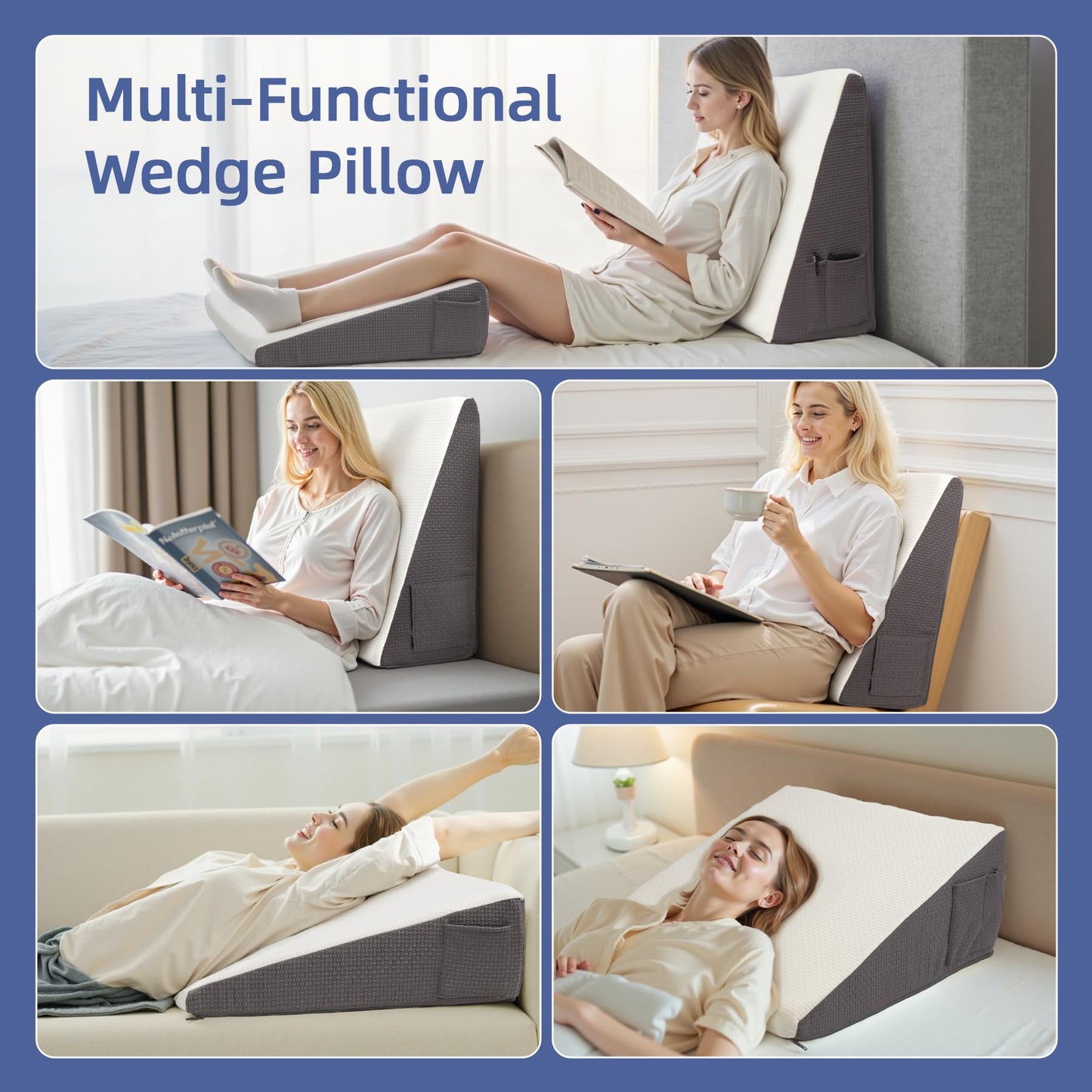 Wedge Pillow for Headboard, 12’’ Triangle Elevated Bed Wedge Pillow for Acid Reflux Relief, Sleeping, Post Surgery, Back Pain Relief, Snoring, Soft Memory Foam Top & Washable Breathable Cover, Grey
