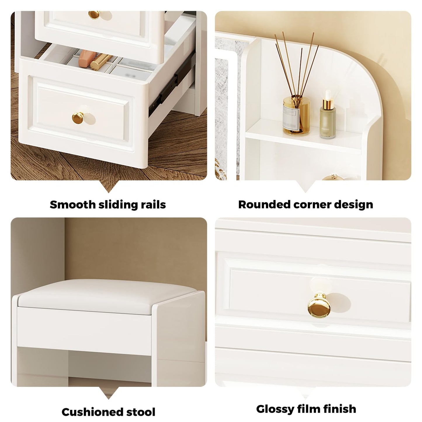 43" Makeup Vanity Desk with Mirror and Lights, & Power Outl, Glass Top Big Vanity Table with 9 Drawers& 8 Storage Shelves, Dressing Table Set with Chair for Bedroom, White