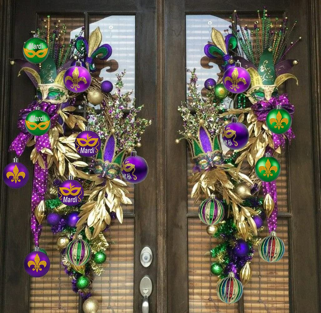 24 PCS Mardi Gras Tree Hanging Ball Ornaments-2.36 Inch Mardi Gras Shatterproof Ball-Purple Green Gold Tree Ornaments for Mardi Gras New Orleans Masquerade Party Decoration
