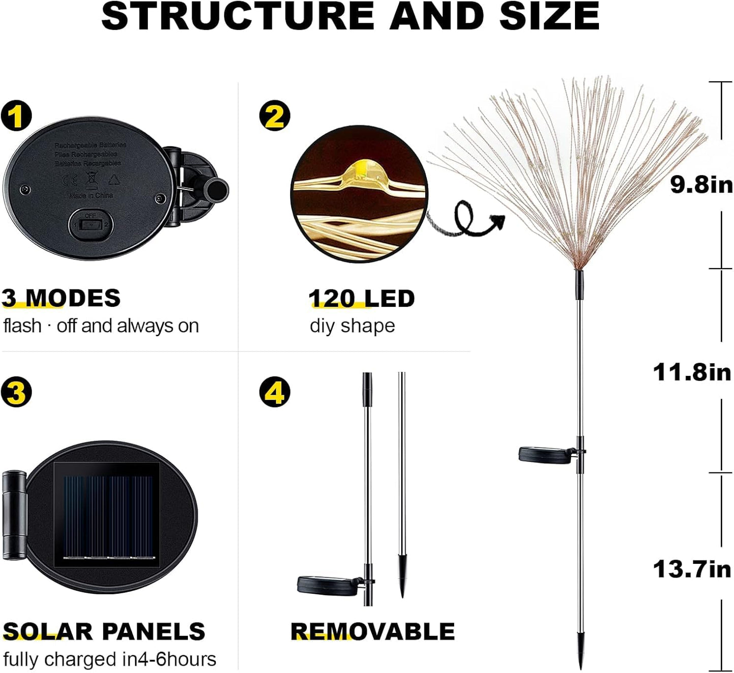 4 PCS Solar Firework Light, Outdoor Solar Garden Decorative Lights 120 LED Powered 40 Copper Wires String DIY Landscape Light for Walkway Pathway Backyard Christmas Decoration Parties (Warm White)