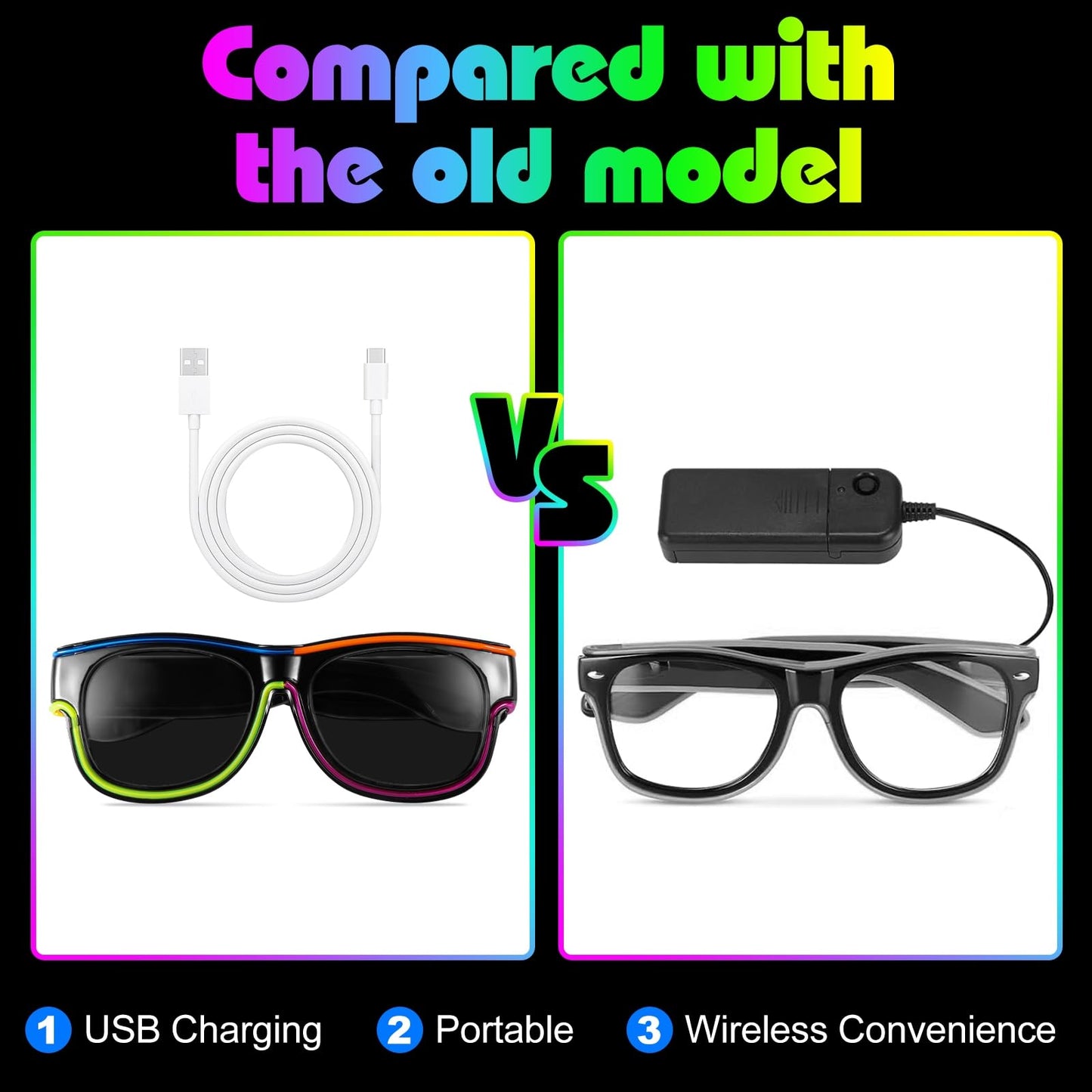 XGOOD LED Glasses Multi-Color (8 Colors) Light Up Glasses w/o Cable Neon Glow Glasses for KTV, EDM, Rave Parties and Cosplay (Black Frame & Lens)