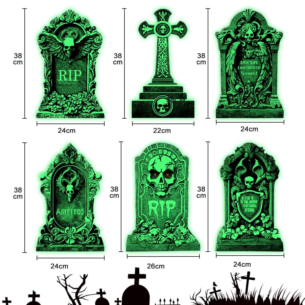 2025new Halloween Tombstone Decorations Outdoor - Set of 6 Glow in The Dark Spooky Graveyard Signs, Haunted House Party & Front Yard Decor, Durable Night-Activated Yard Decor