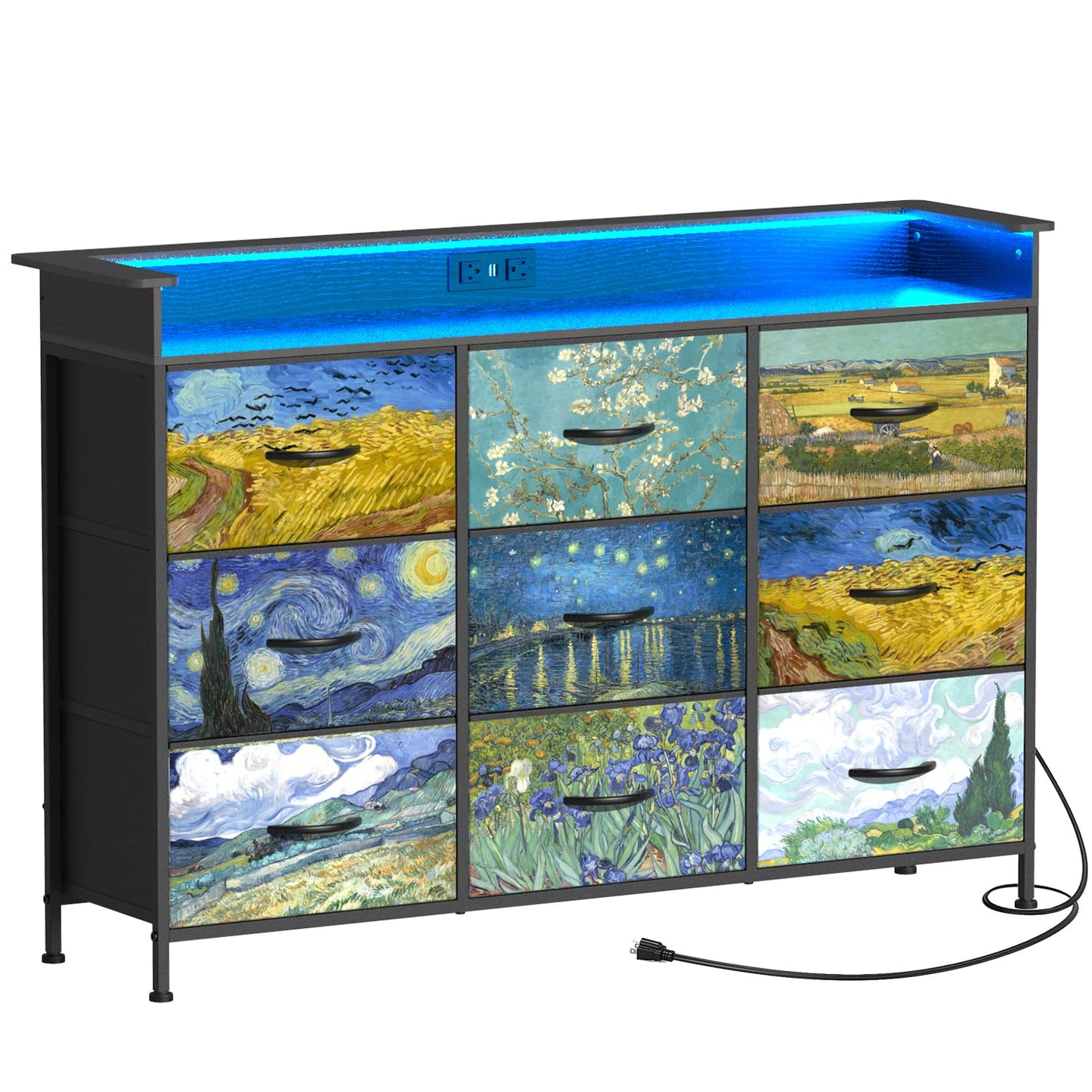 Welfuturer Dresser for Bedroom with 9 Drawers Van Gogh Dressers & Chest of Drawers Fabric Clothes Drawer Fabric Closet Organizer for Living Room Entryway Closet Nursery Sturdy Steel Frame Wood Top