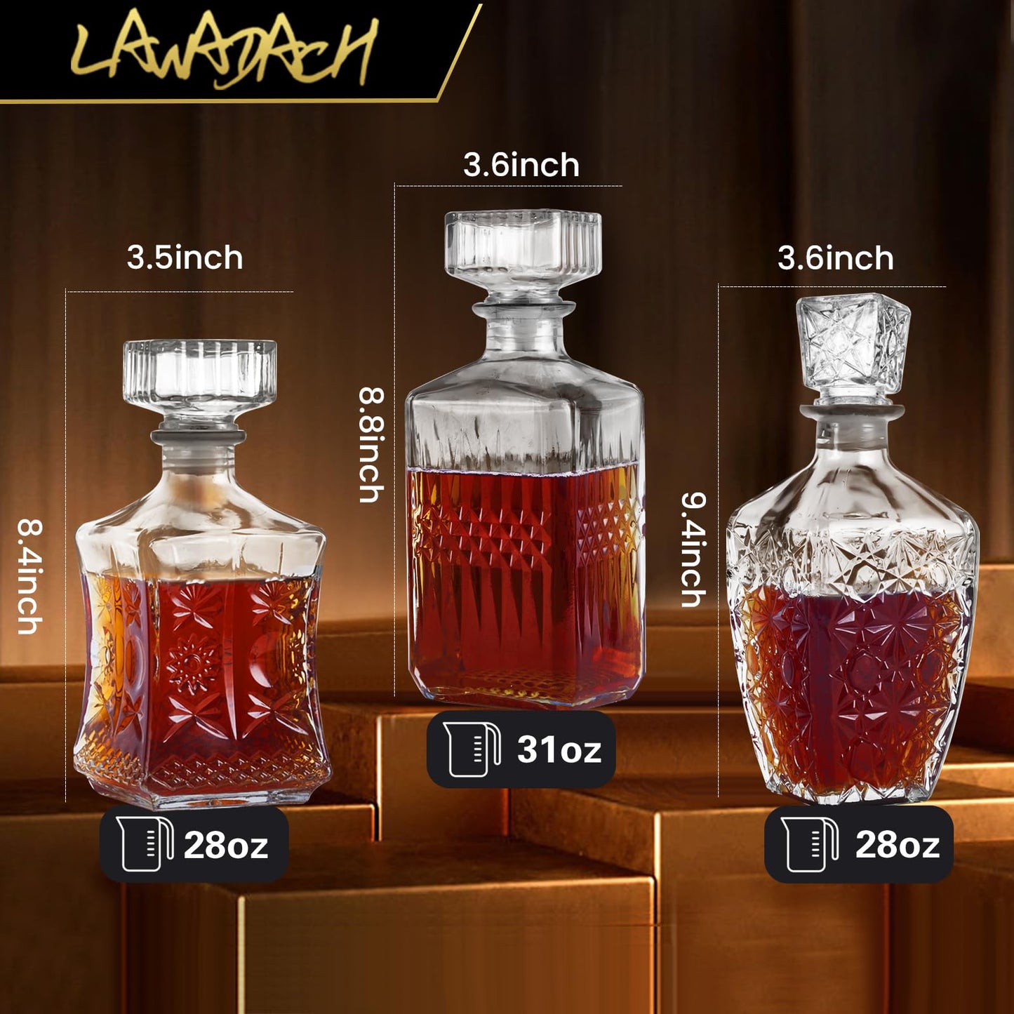 Whiskey Decanter Set of 3 Glass Liquor Decanters, Alcohol Bottles with Airtight Decanter for Tequila, Vodka and Brandy Unique Whiskey presents for Man, Dad, Husband and Home Bar Decor (28oz*2, 31oz*1)