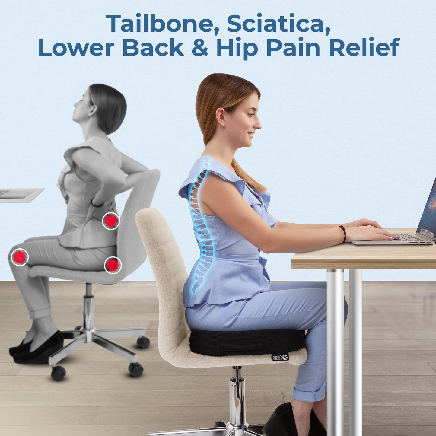 5 STARS UNITED Seat Cushion for Tailbone Pain Relief โ Memory Foam Lifting Pillow for Coccyx, Hip, Hemorrhoid, Sciatica & Post-Surgery Recovery โ Wheelchair, Car, Desk, Gaming & Office Chairs, Black