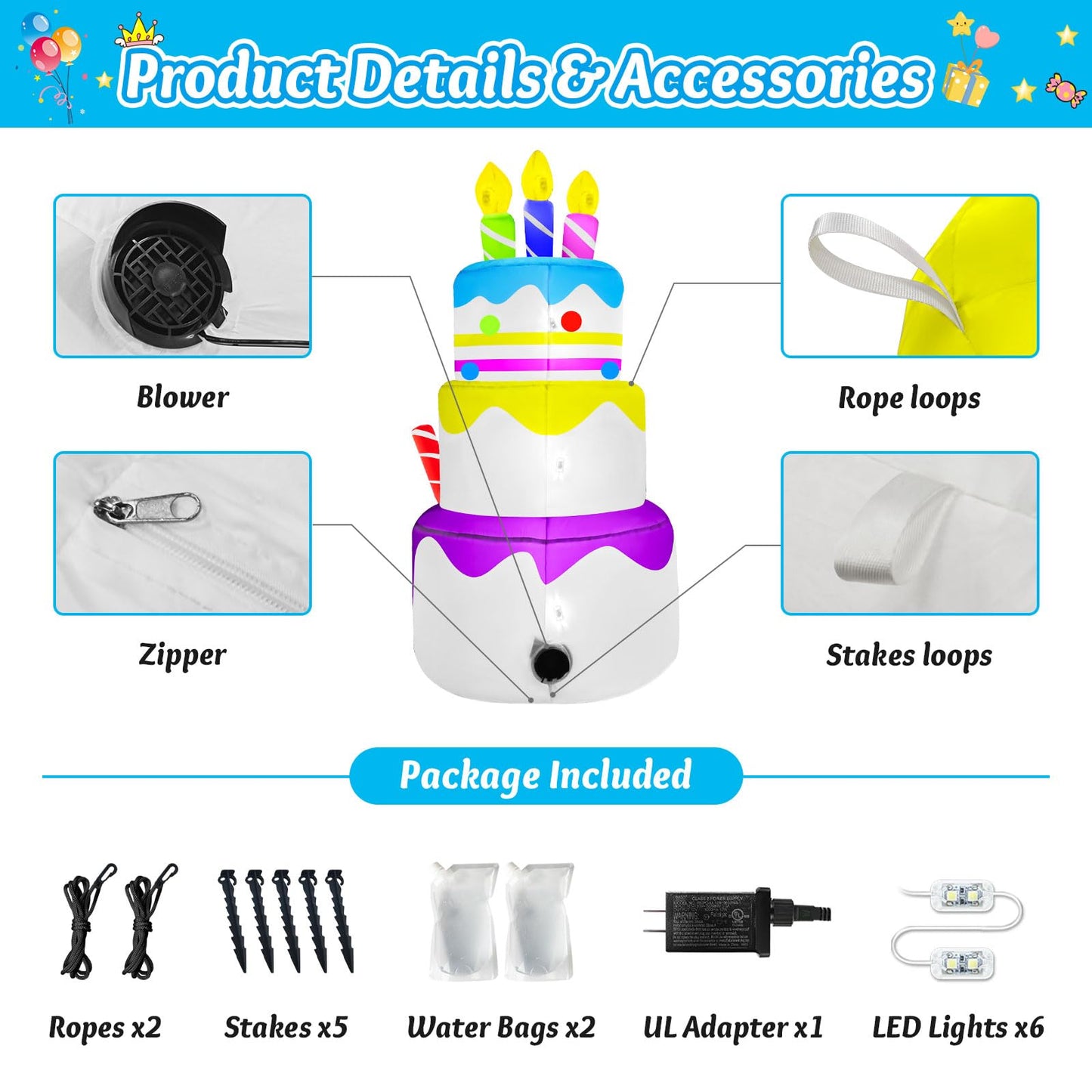 4 Ft Happy Birther Inflatable with 3 Candles Outdoor Decorations, Inflatable Cake with 6 LED Lights Happy Birther Blow Up for Indoor Home Holiday Party Patio Garden Yard