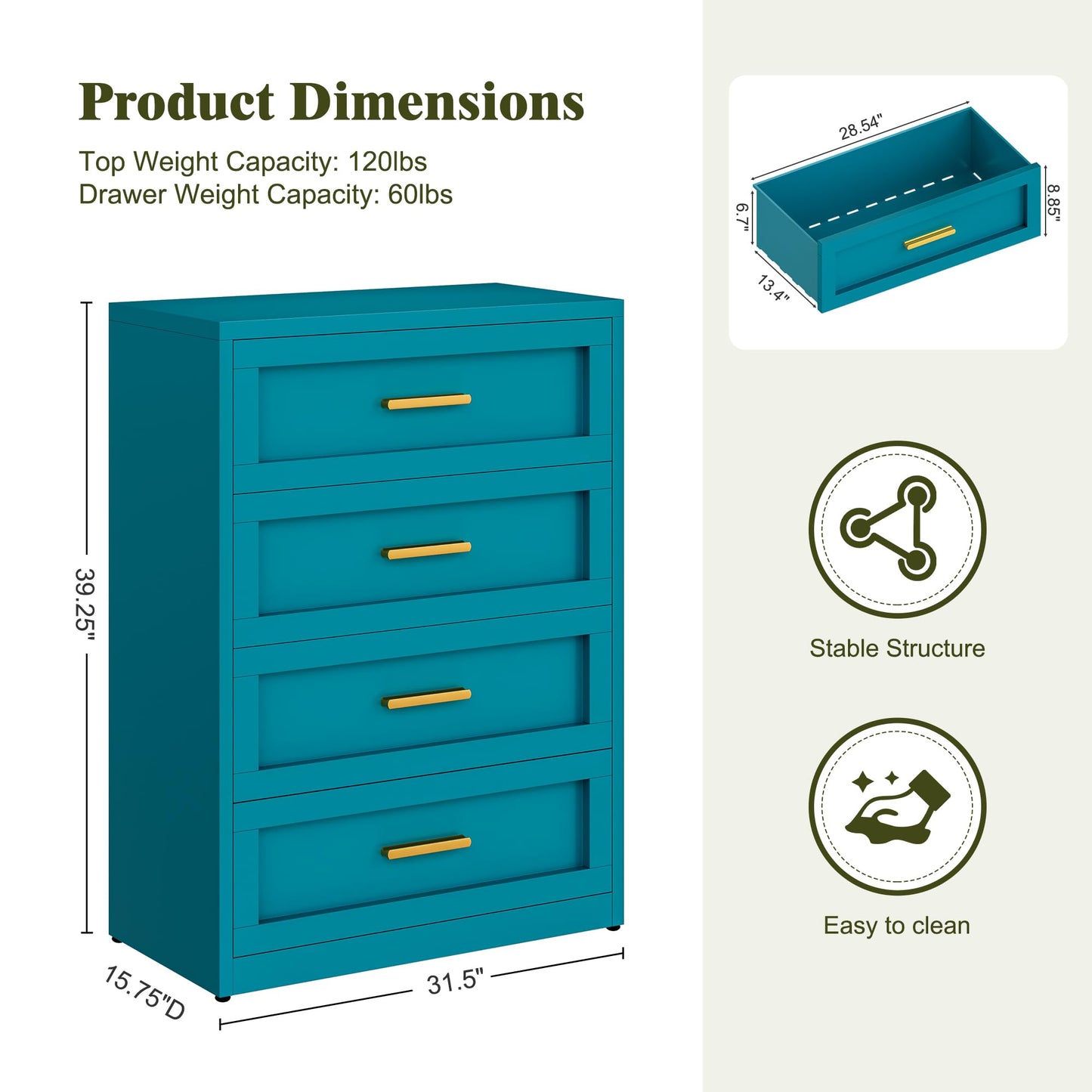 Washsemba Metal 4 Drawer Dresser,15.8" D x 31.5" W x 39.25" H,Home Peacock Blue Dresser for Bedroom,Storage Cabinet with 4 Drawers,Tall Dresser,Entryway, and Closet.Peacock Blue