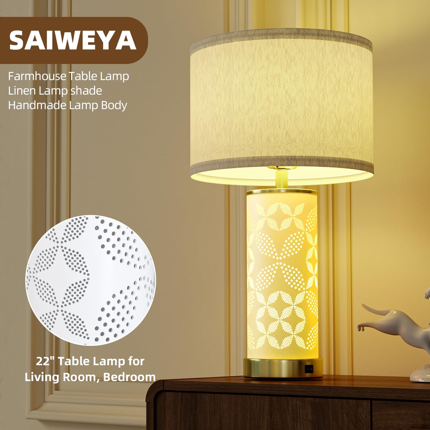 22'' Modern Ceramic Table Lamps Set of 2, Bedside Lamps with Hollow-Out Ceramic Design,USB A+C & 3 Color Temperature, Lamps for Night Stands with Night Light for Living Room and Bedroom(with 2 Bulbs)