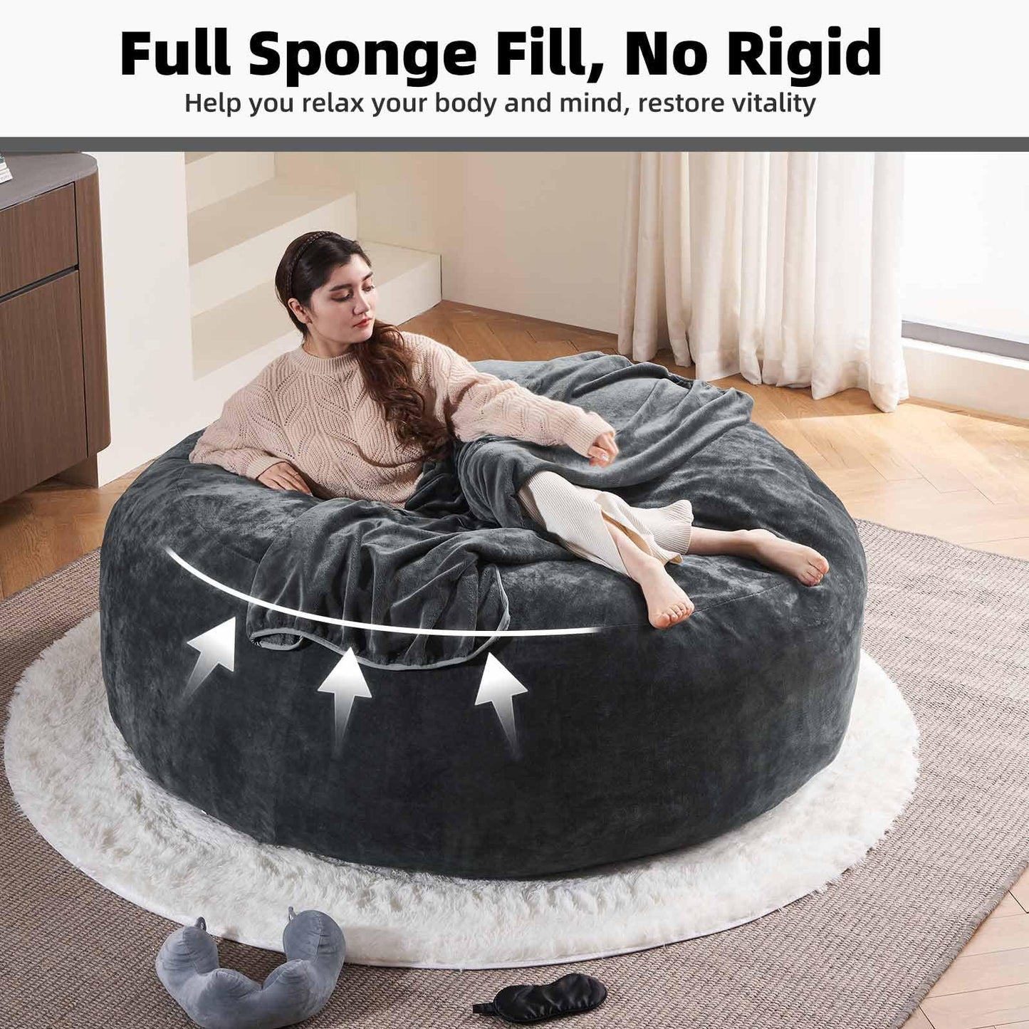 7FT,Oversized Bean Bag Chairs for Adults,Bean Bag Chair with Filler Included,Giant Bean Bag Chair Covered with Flannel Cover, Living Room Furniture, Suitable for Bedroom and Dormitory. (Dark Gray)