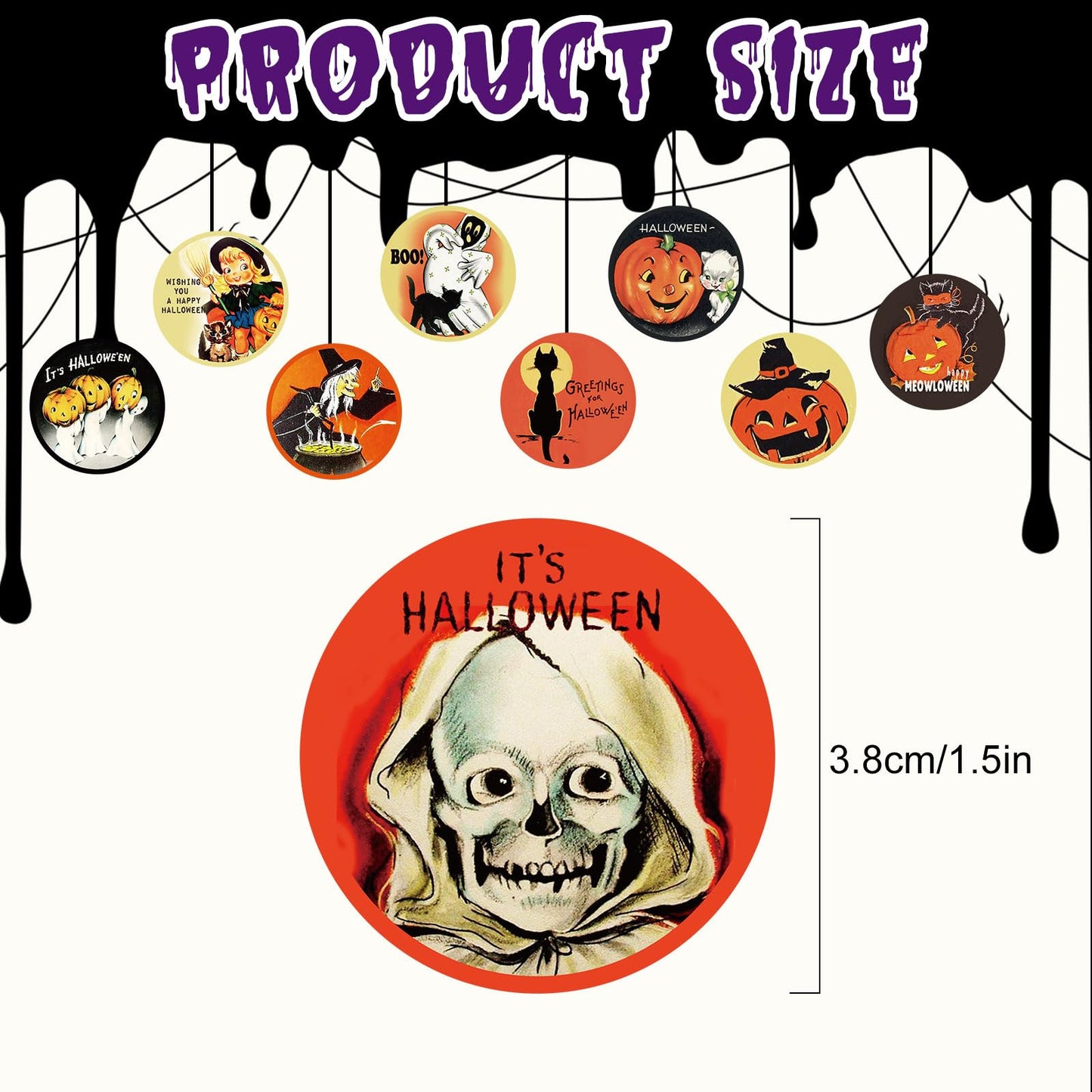 Whaline 1000Pcs Halloween Stickers Roll Retro Halloween Characters Decal Sticker Grimace Pumpkin Witch Ghost Pattern Sealing Labels Round Adhesive Sticker for Halloween Party Favors Decor, 14 Design