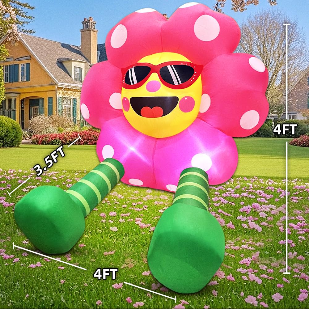 4FT Summer Inflatable Sunflower Outdoor Decoration Blow up Flower Yard Decoration, Built-in LED Lights for Summer Easter Yard Garden Lawn Party