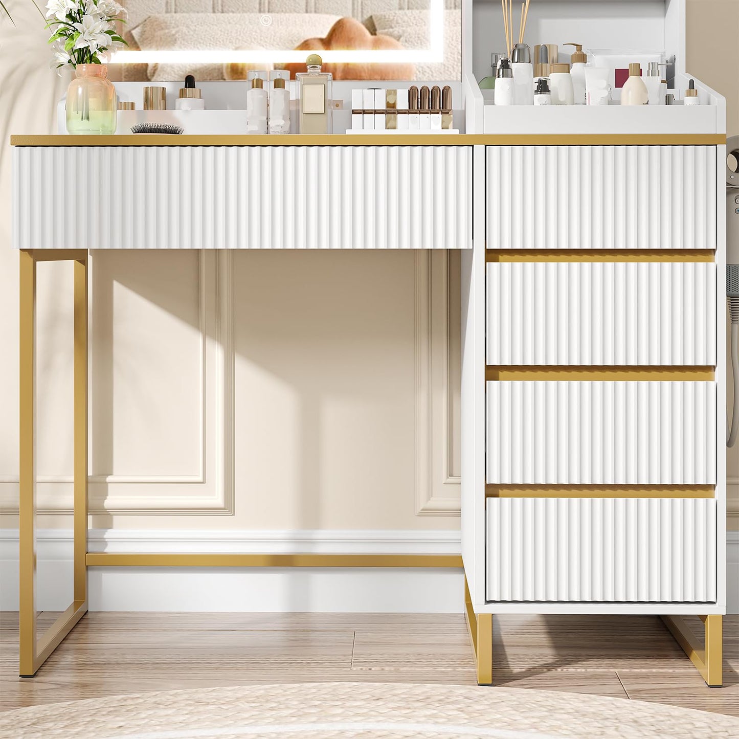 White and Gold Vanity Desk with Mirror and Lights Makeup Vanity with 5 Drawers and Charging Station, Vanity Table for Bedroom
