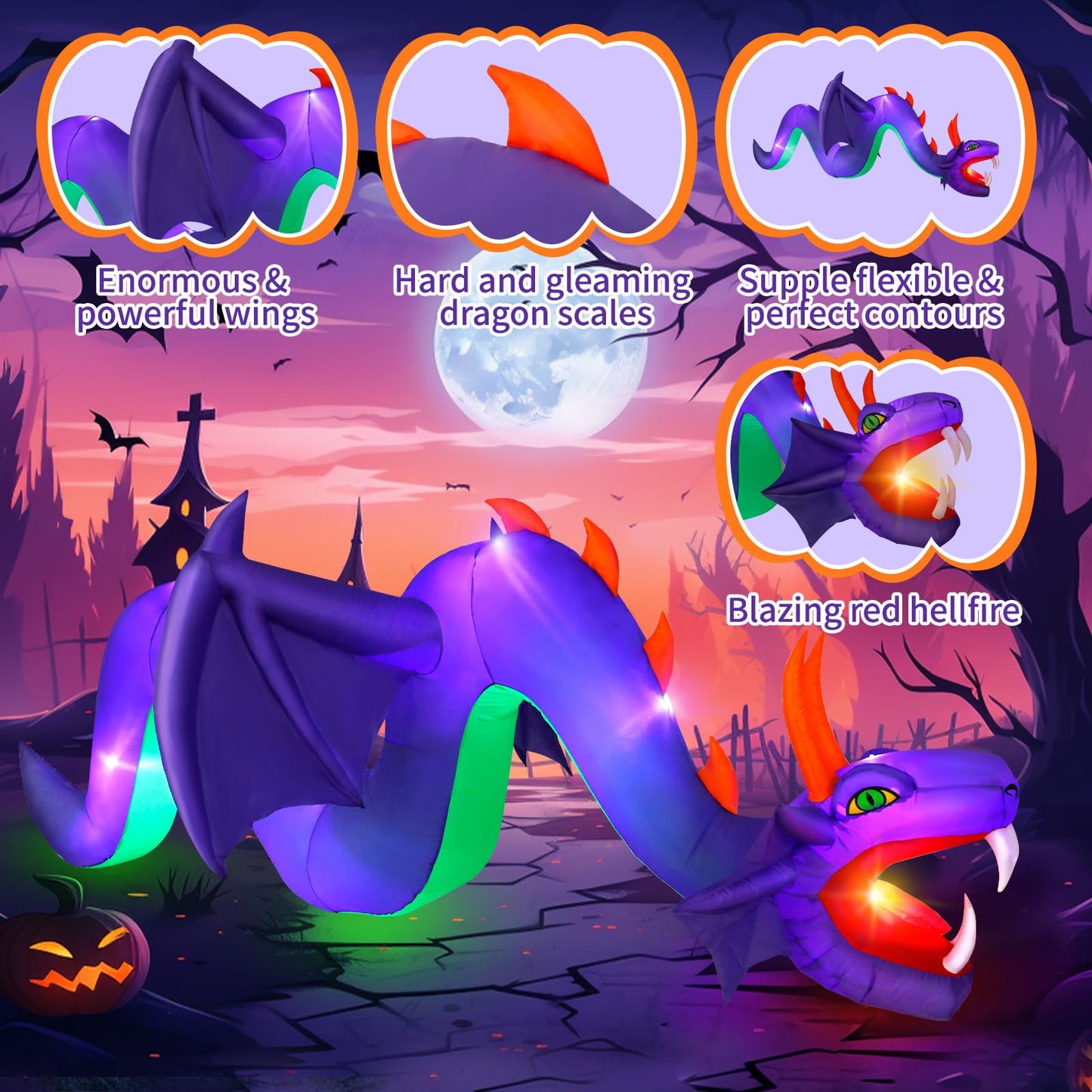 12ft Halloween Inflatable Dragon Decorations,Open Mouth and Sharp Teeth Outdoor Giant Purple Decorations,Built-in 7 LEDs Blow Up Dragon Inflatables for Yard, Lawn & Garden Internal Lights