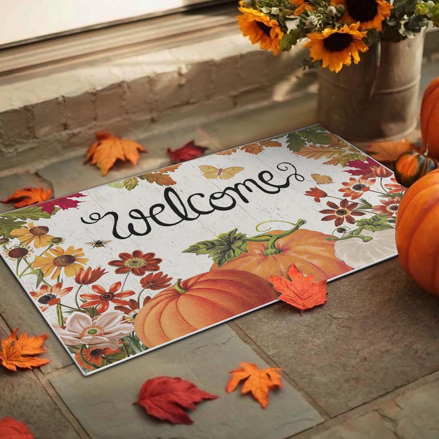 wyoansfhd Fall Pumpkin Doormat, Autumn Home Decor Entry Door mat, Pumpkin Doormat, Low Profile Entry, Non-Slip Farmhouse Mat, Outdoor Welcome Mat 17x30 Inch