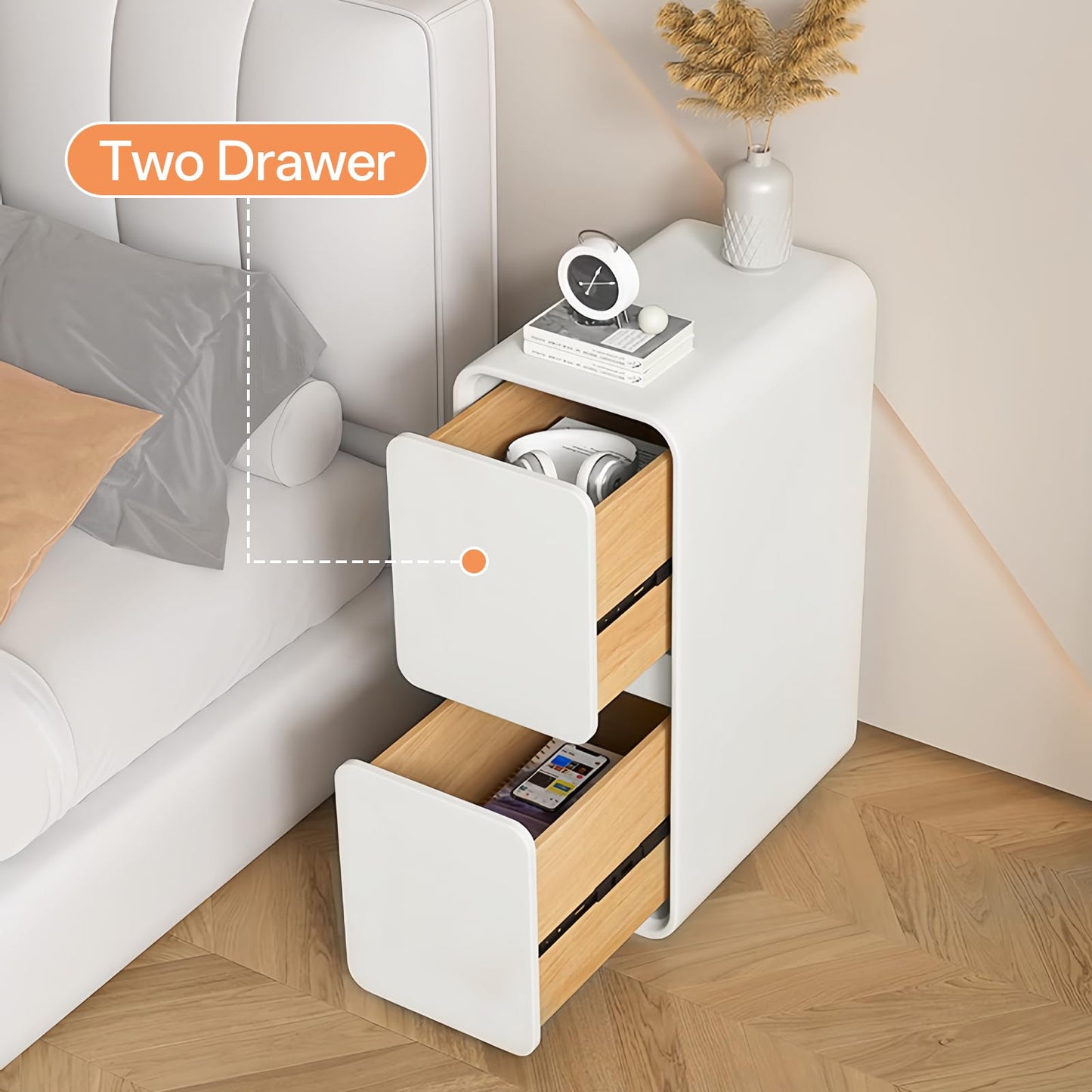 VVNO LIKK Narrow Nightstand, Solid Wood Night Stand for Small Spaces, Modern Cream Nightstand with 2 Storage Drawers, Slim Bedside Table for Bedroom Living Room (1pack)