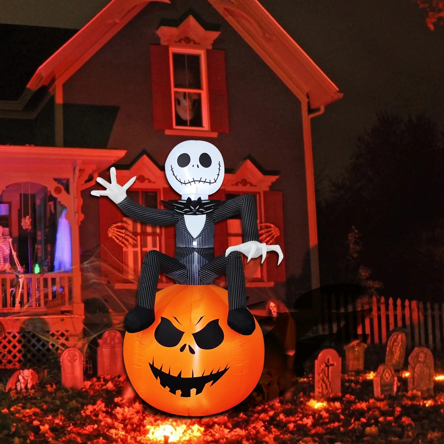 6Ft Inflatable Halloween Yard Decoration - Outdoor Blow Up Skeleton & Pumpkin Decoration - Built-in LED Lights for Halloween Lawn Outdoor Decoration