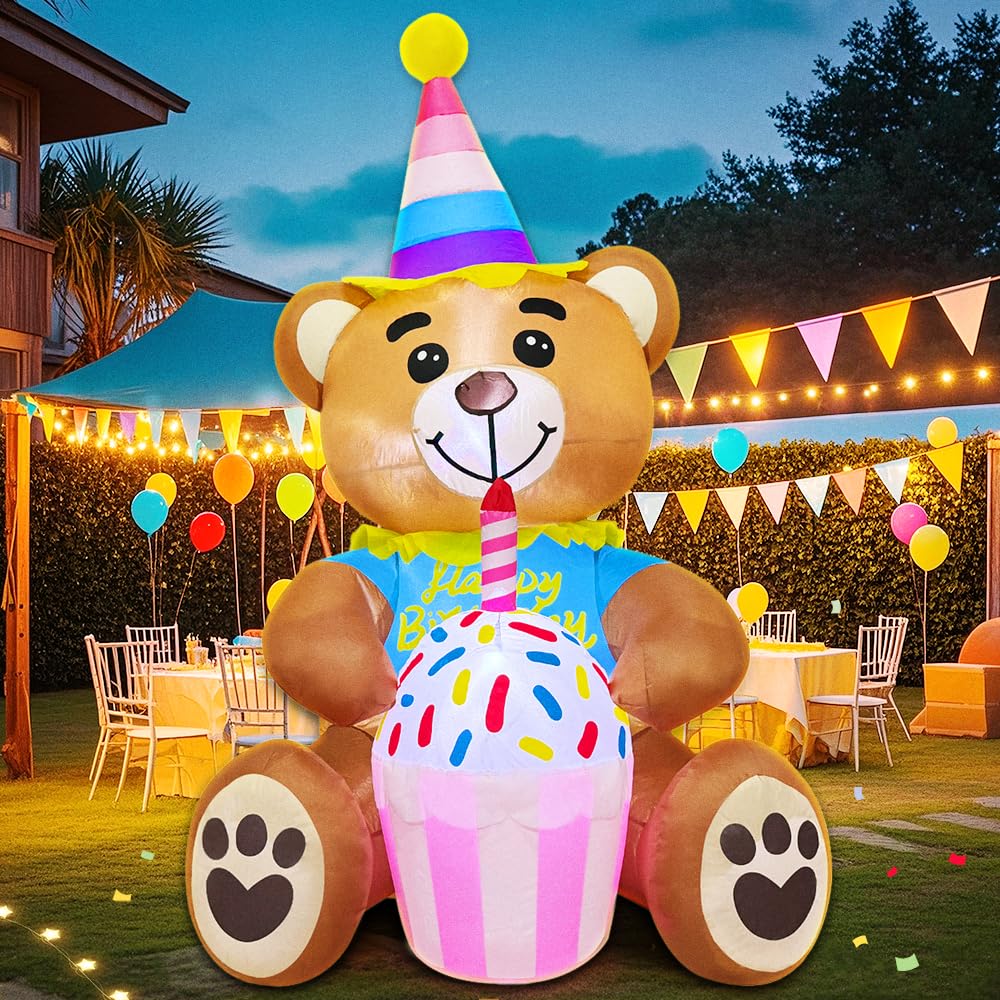 5FT Inflatable Bear with Birthday Cake Blow up Outdoor Yard Decorations, Built-in LED Lights for Holiday Party Garden Lawn Indoor Home Celebration
